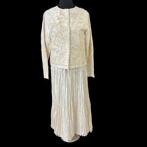 Sandy Starkman Ivory Silk Suit Skirt Tank Jacket Soutache Size M Vintage 1990s